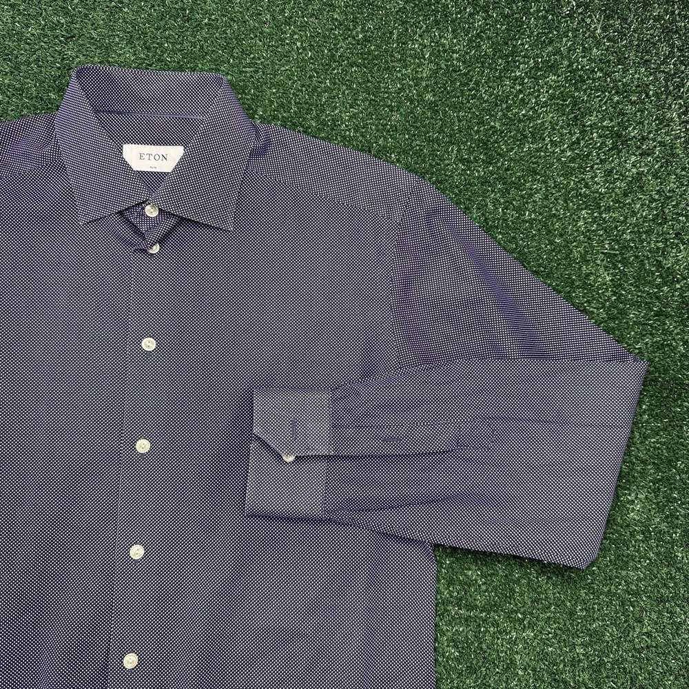 Eton Men's Long Sleeve Button Dress Shirt Size 42 16.5 Blue Polka Dot Slim